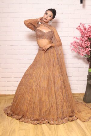 cocoa brown one side shoulder cape lehenga