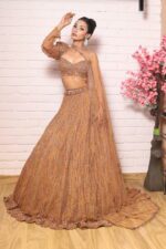 cocoa brown one side shoulder cape lehenga