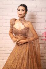 cocoa brown one side shoulder cape lehenga