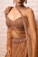 cocoa brown one side shoulder cape lehenga