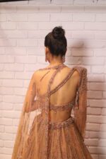 cocoa brown one side shoulder cape lehenga