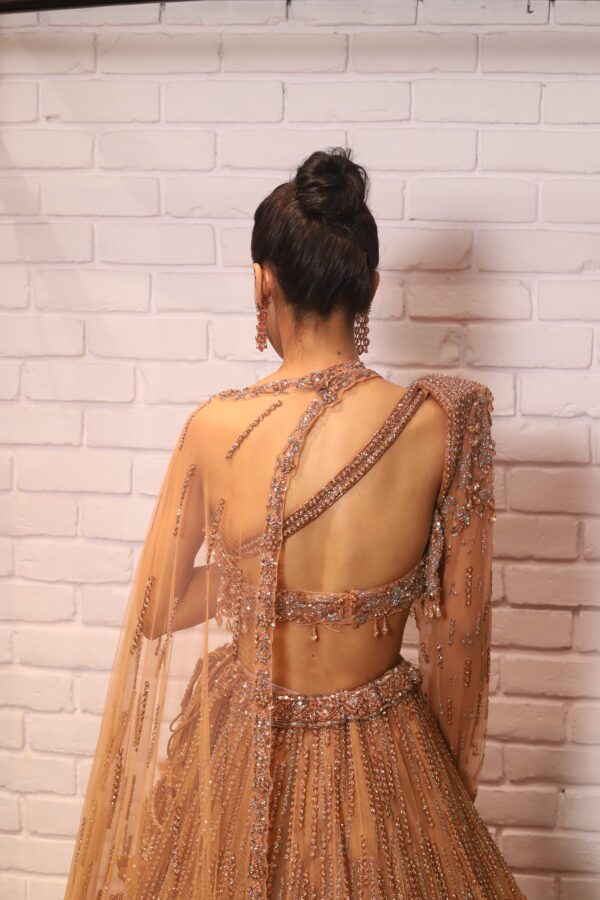 cocoa brown one side shoulder cape lehenga
