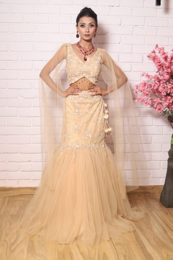 golden bell sleeves fish cut lehenga