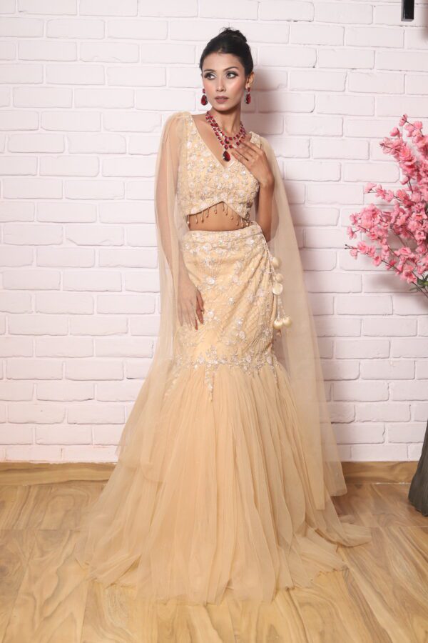 golden bell sleeves fish cut lehenga