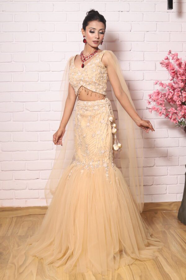 golden bell sleeves fish cut lehenga