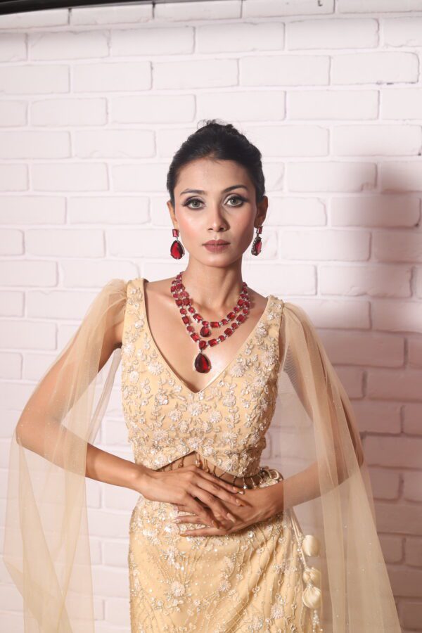 golden bell sleeves fish cut lehenga