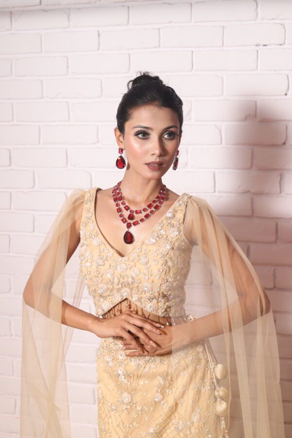 golden bell sleeves fish cut lehenga