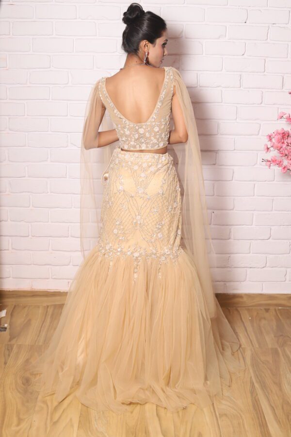 golden bell sleeves fish cut lehenga