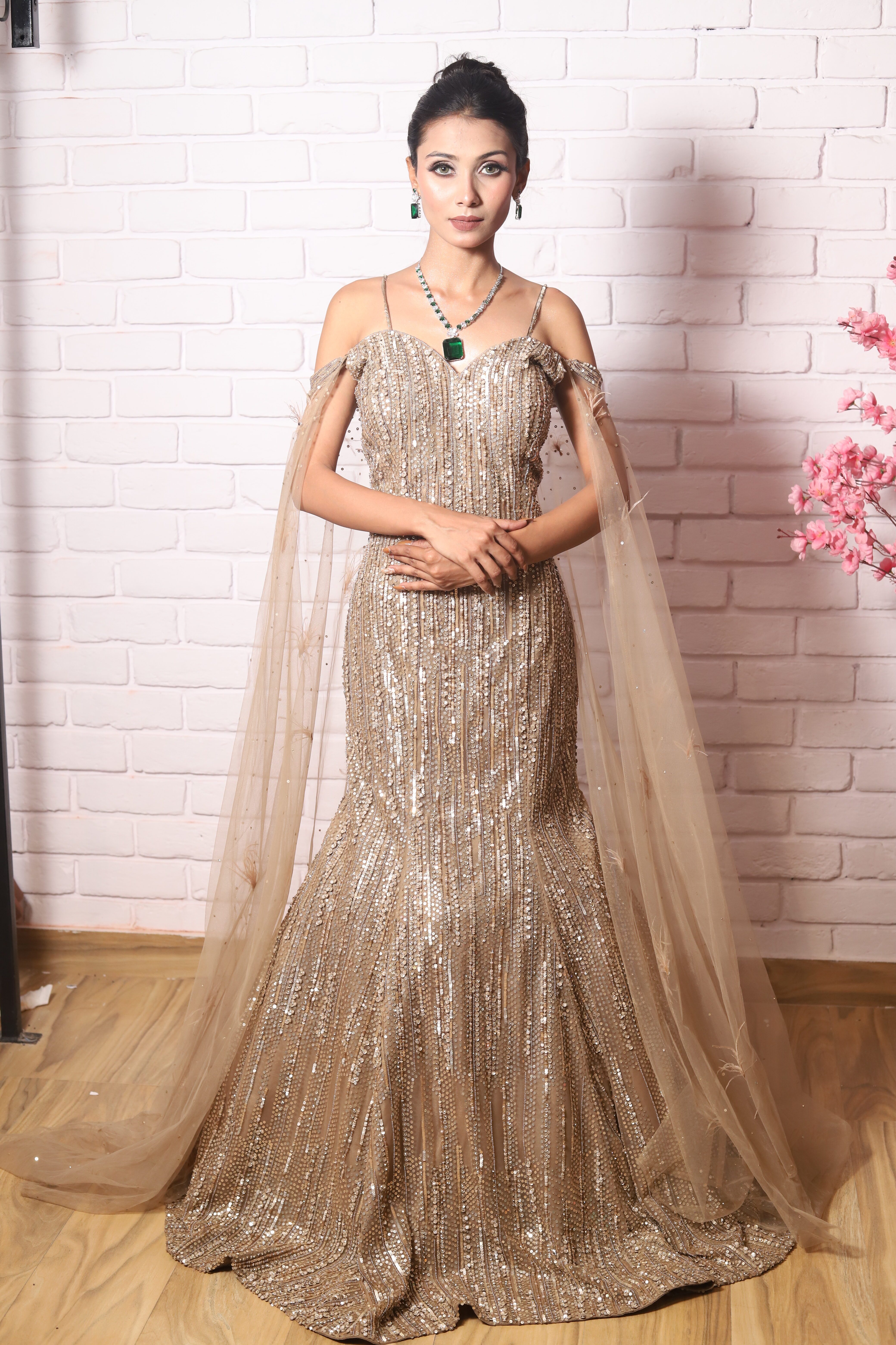 heavy sequence fish cut gown with cold shoulder look