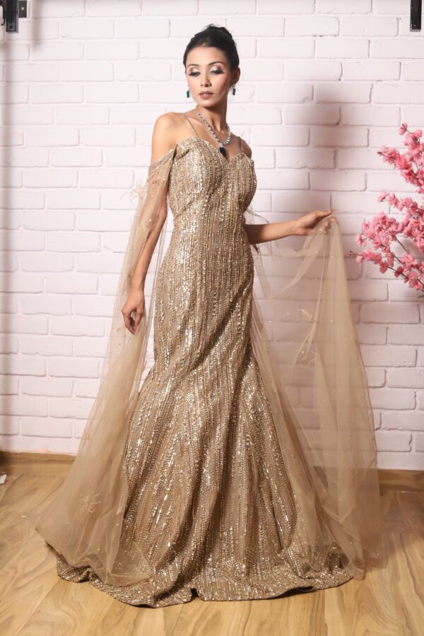 heavy sequence fish cut gown with cold shoulder look