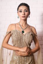 heavy sequence fish cut gown with cold shoulder look