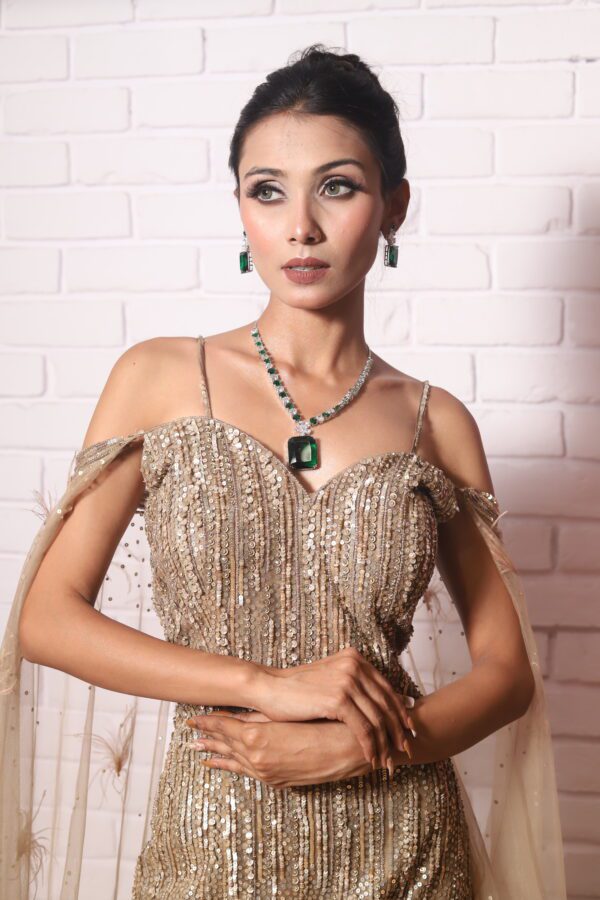 heavy sequence fish cut gown with cold shoulder look