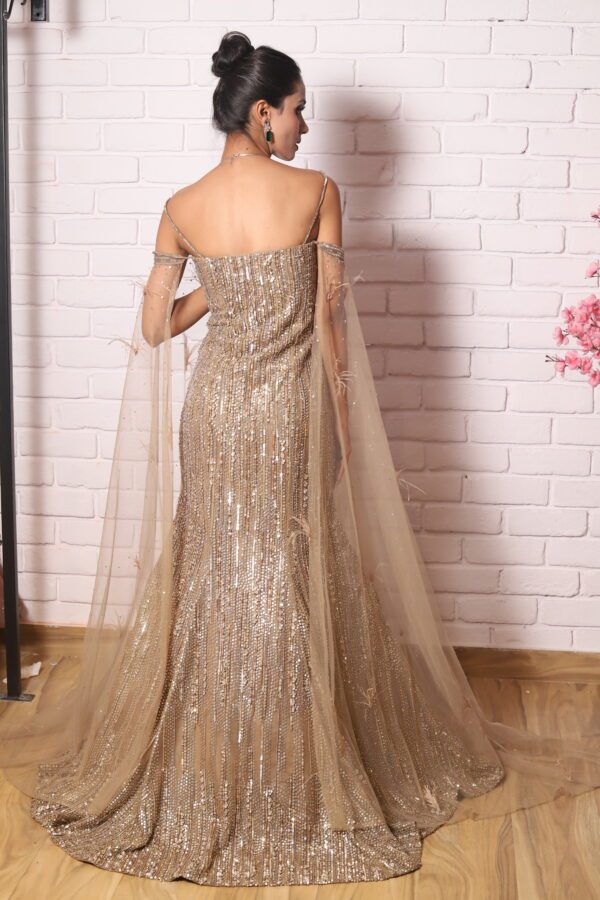 heavy sequence fish cut gown with cold shoulder look