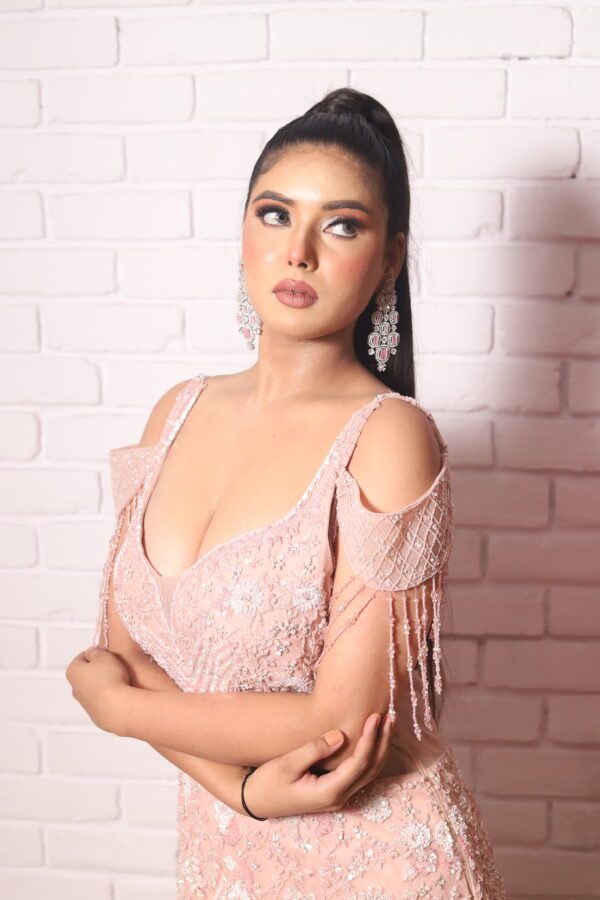 fish cut gown with cold shoulder look