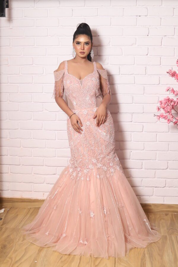 fish cut gown with cold shoulder look