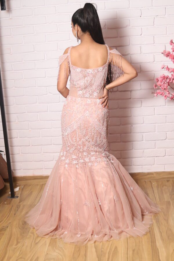 fish cut gown with cold shoulder look