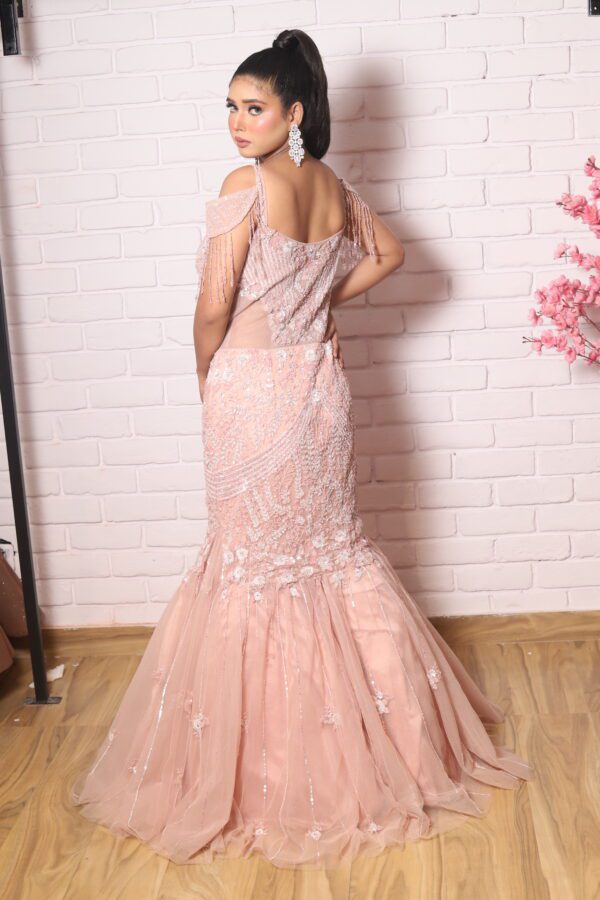 fish cut gown with cold shoulder look