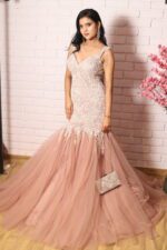 light peach heavy pearl work fish cut gown