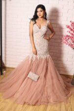 light peach heavy pearl work fish cut gown