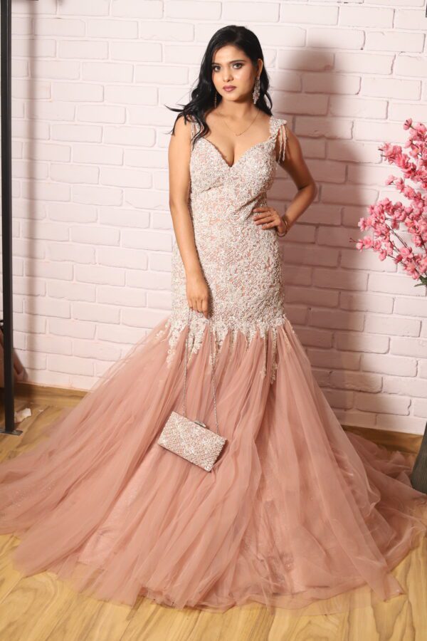 light peach heavy pearl work fish cut gown