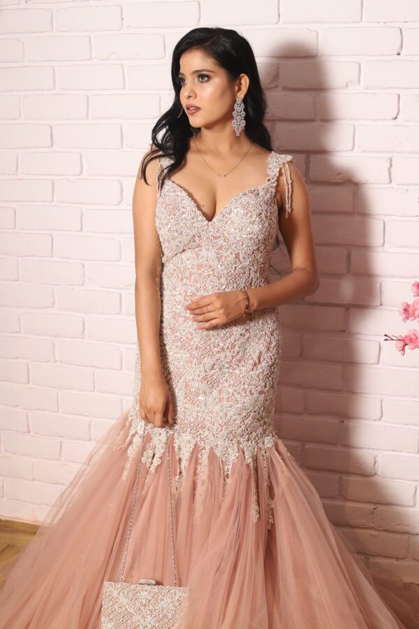 light peach heavy pearl work fish cut gown