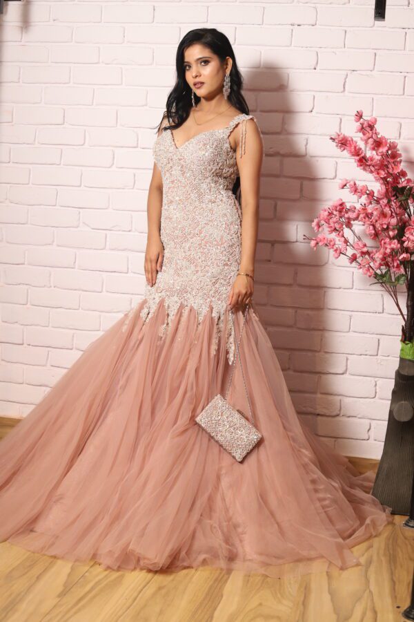 light peach heavy pearl work fish cut gown