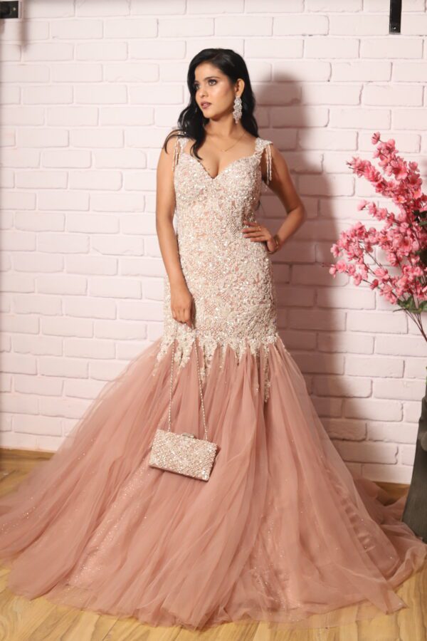 light peach heavy pearl work fish cut gown