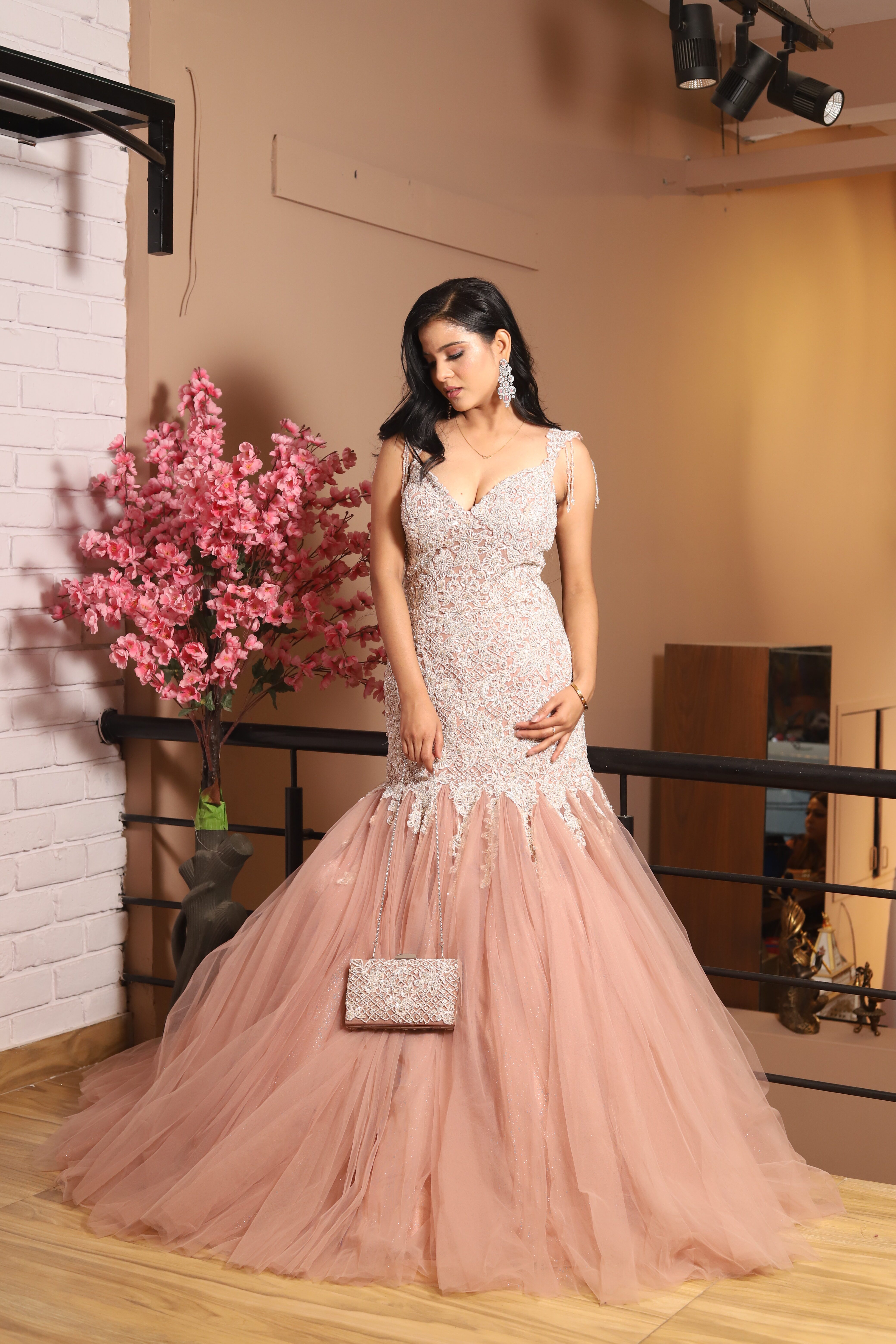 light peach heavy pearl work fish cut gown