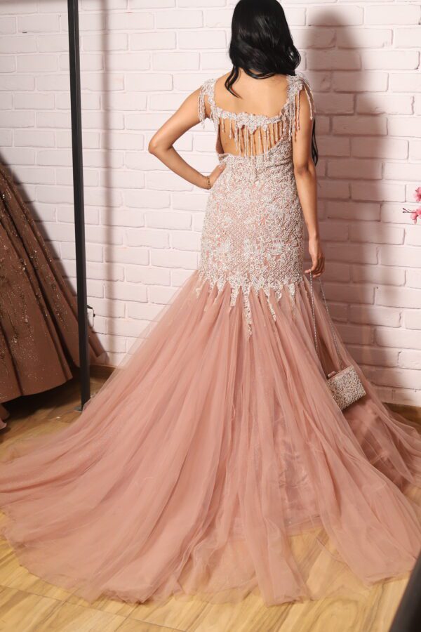 light peach heavy pearl work fish cut gown