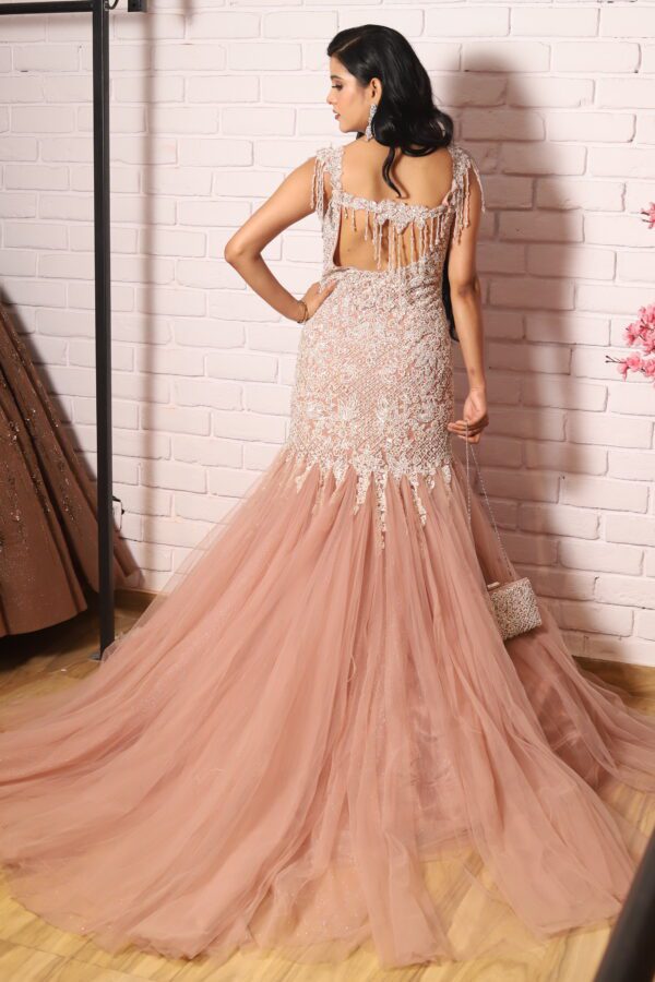 light peach heavy pearl work fish cut gown