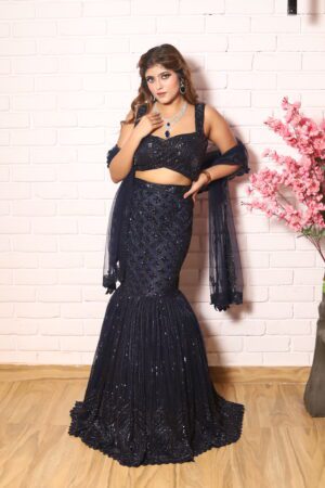 Navy blue heavy fish cut lehenga