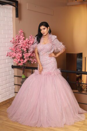 fish cut gown with feather cape