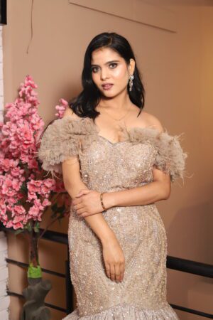 mouse color off shoulder frill fish cut gown