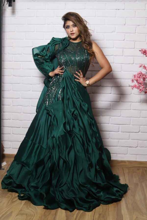 Bottle green ruffle one side sleeves gown