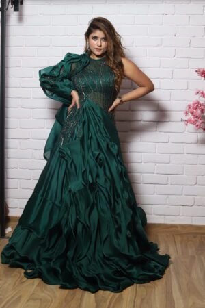 Bottle green ruffle one side sleeves gown