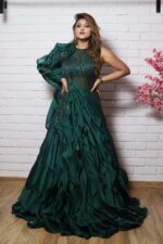 Bottle green ruffle one side sleeves gown