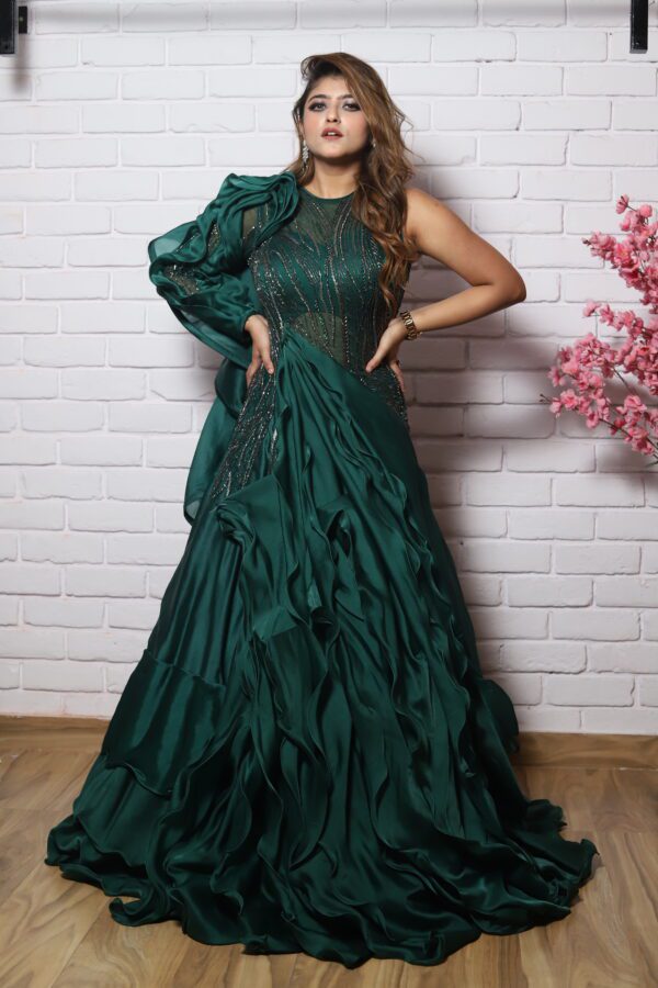 Bottle green ruffle one side sleeves gown