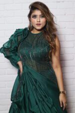 Bottle green ruffle one side sleeves gown