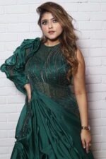 Bottle green ruffle one side sleeves gown