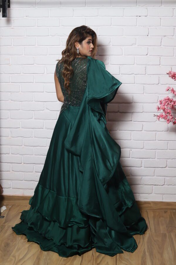Bottle green ruffle one side sleeves gown