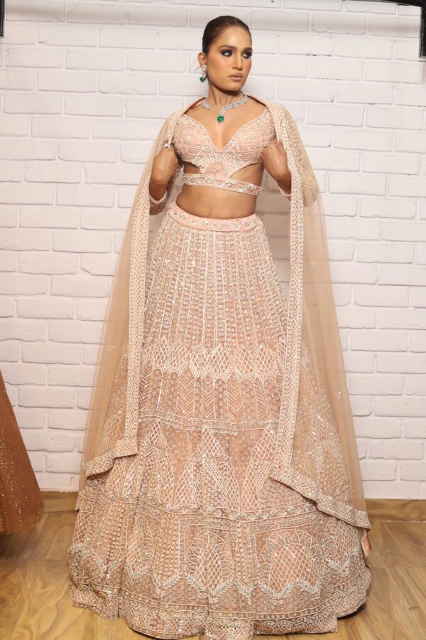 peach designer belt blouse lehenga