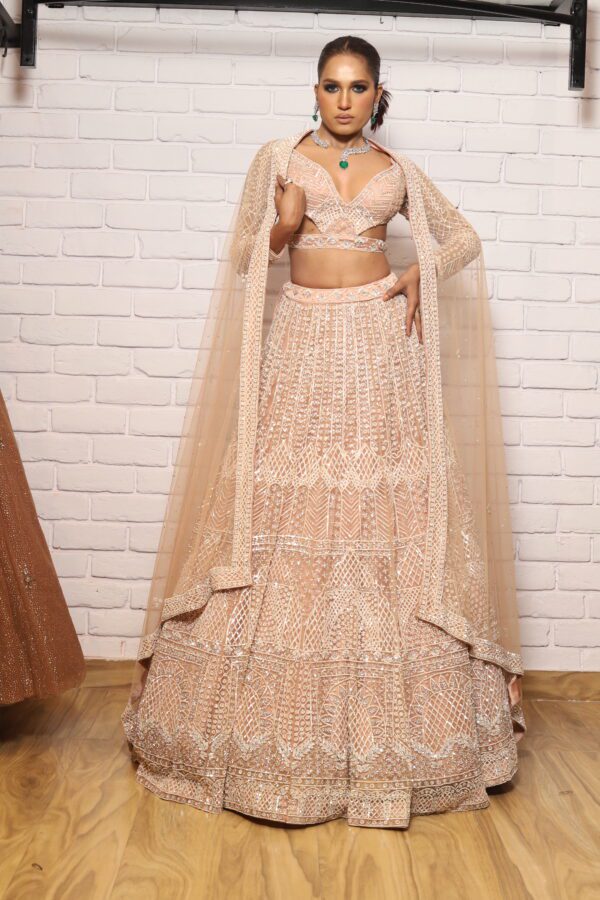 peach designer belt blouse lehenga