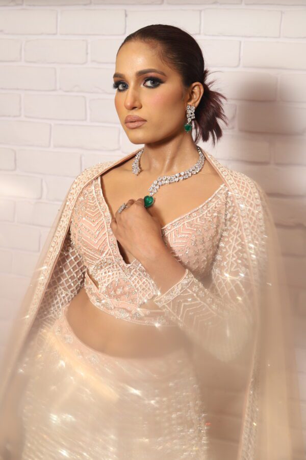 peach designer belt blouse lehenga